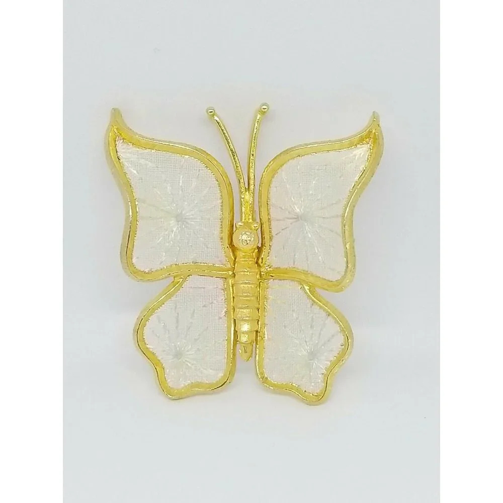 Pastel Needlepoint Butterfly Gold Tone Large Pin Brooch